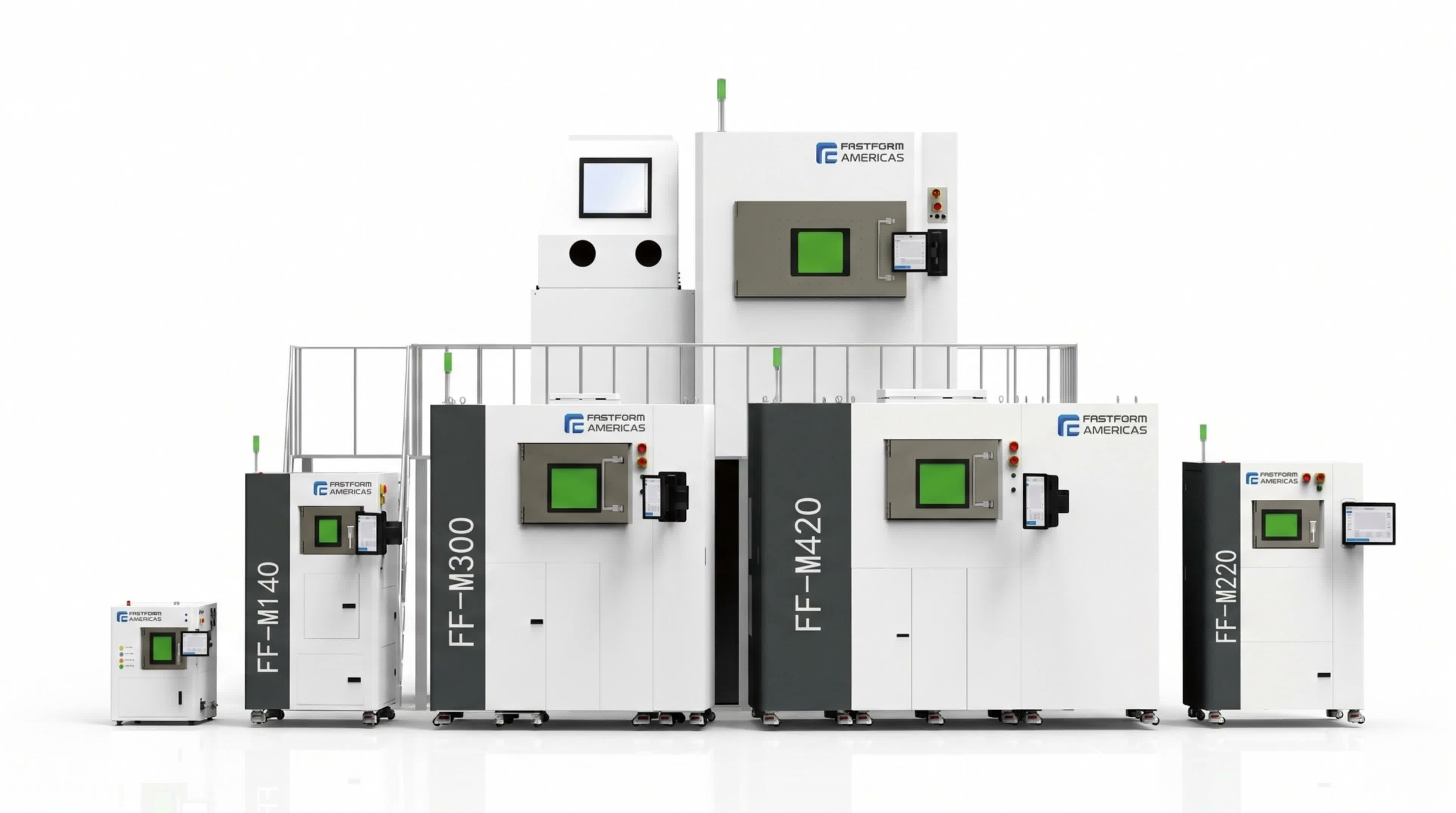 The full FastForm Americas lineup — DeskFab, FF-M140, FF-M300, FF-M420 and FF-M220 metal 3D printers